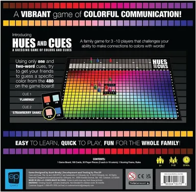 Explains how the game works by showing the board layout, clue cards, and the core mechanic of using two-word clues to help players guess specific colors from the 480-color grid.