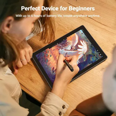 Communicates the device's battery performance to reassure beginners they can create for extended periods without interruption. Positions the drawing tablet as ideal for beginners by highlighting…