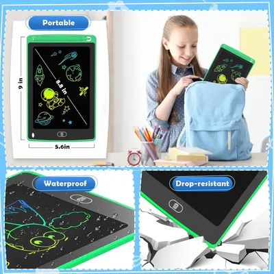 Communicates three distinct product benefits in a segmented layout: portability with size dimensions, waterproof protection, and drop-resistant durability to reassure parents the drawing tablet is…