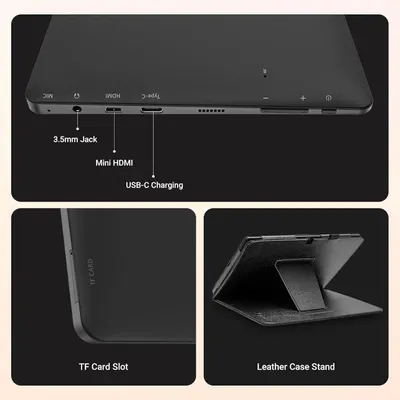 This image breaks down the physical components and features of the tablet device, showing shoppers exactly where key ports and accessories are located to help them understand the product's…