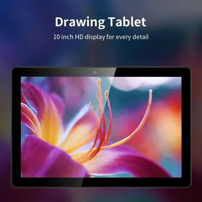 Highlights the drawing tablet's high-definition 10-inch display to communicate visual clarity and detail quality for artists and designers.
