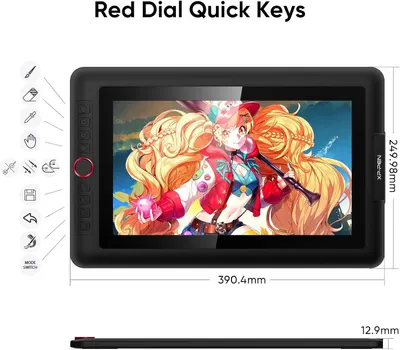 Communicates the exact physical dimensions of the drawing tablet (390.4mm width, 249.98mm height, 12.9mm thickness) to help shoppers understand the size and portability of the device. Highlights the…