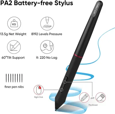 This image breaks down the physical and functional components of the stylus, highlighting key specifications and features such as weight, pressure sensitivity, tilt support, lag-free performance,…