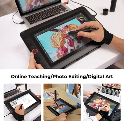 Demonstrates the versatility of the drawing tablet by showing it can be used for multiple professional applications including online teaching, photo editing, and digital art creation.