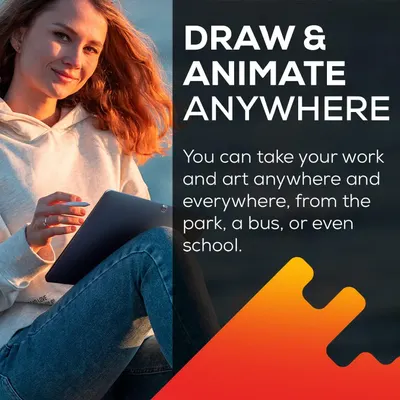 Demonstrates that the tablet can be used for drawing and animation in various locations (park, bus, school), emphasizing versatility and portability for creative work. Highlights the key benefit…