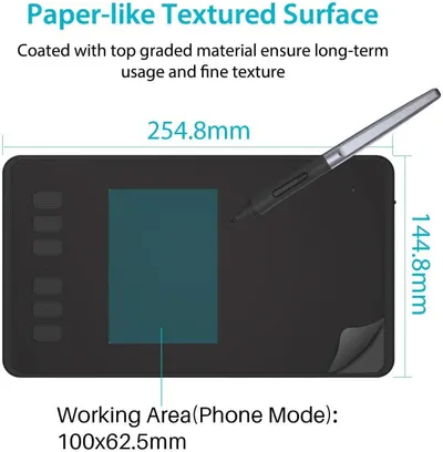 Communicates the exact physical dimensions of the drawing tablet (254.8mm x 144.8mm) and its working area (100x62.5mm in phone mode) to help shoppers understand the product's size and usable space.…