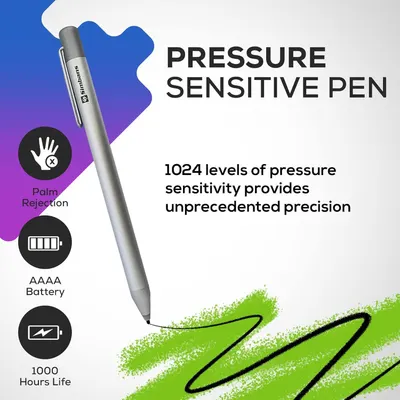 Communicates multiple key features of the stylus pen including its precision pressure sensitivity, palm rejection technology, battery type, and extended battery life to demonstrate the product's…