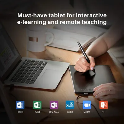 Demonstrates the tablet's versatility by showing it works with multiple productivity and communication applications (Word, Excel, OneNote, Xsplit, Zoom, PowerPoint), positioning it as ideal for…
