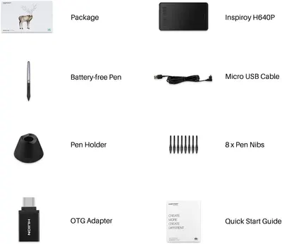 Shows all items included in the package to help shoppers understand exactly what they will receive with their purchase of the Inspiroy H640P drawing tablet.