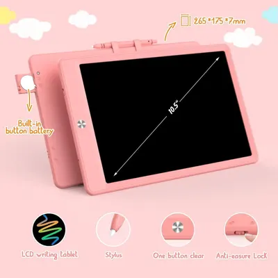 Communicates the physical dimensions and screen size of the tablet to help shoppers understand how large the product is and whether it fits their needs. Highlights multiple key features of the…