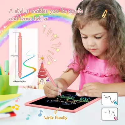 Communicates multiple benefits of the tablet stylus including its attached design, smooth writing capability, and educational value for children.