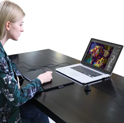 Demonstrates the product in a real-world creative professional context, showing a user working with graphic design software to communicate the product's suitability for digital artists and designers.
