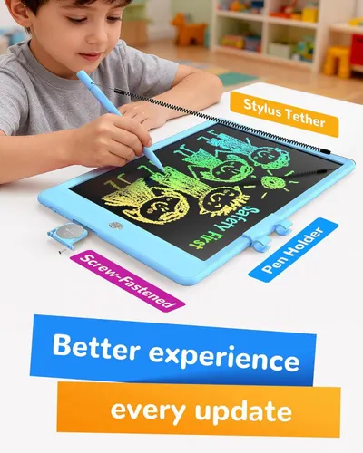 Highlights multiple product improvements and features including the stylus tether, screw-fastened design, pen holder, and ongoing product updates to reassure parents of quality and continuous…