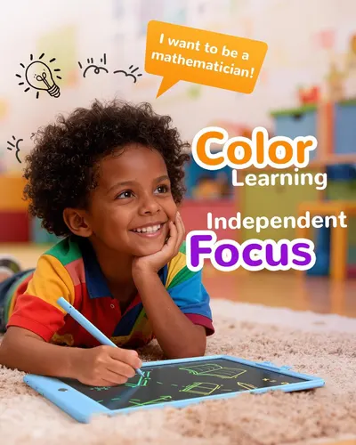 Communicates multiple educational benefits of the product including color-based learning, ability to foster independent focus, and engaging educational experience for children.