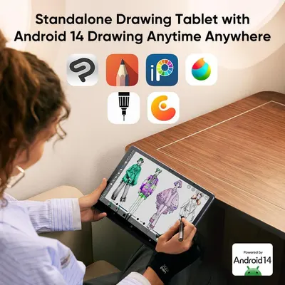 Demonstrates the tablet's compatibility with multiple popular drawing applications and highlights its Android 14 operating system to reassure shoppers of versatility and software support.…