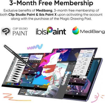 Communicates the promotional value of receiving a 3-month free membership to Medibang, Clip Studio Paint, and ibis Paint X when purchasing the Magic Drawing Pad, incentivizing purchase with bundled…