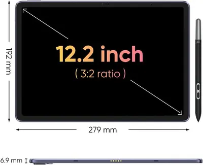 Communicates the exact physical dimensions of the tablet (screen diagonal, width, height, and thickness) to help shoppers understand the product's size and portability.