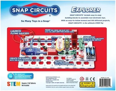 Showcases multiple distinct features and play functions of the SNAP CIRCUITS Explorer toy to demonstrate its versatility and educational value as a STEM learning tool.