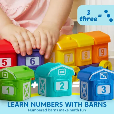 Demonstrates that the toy helps children learn numbers and basic math concepts through interactive play with colorful numbered barn blocks.