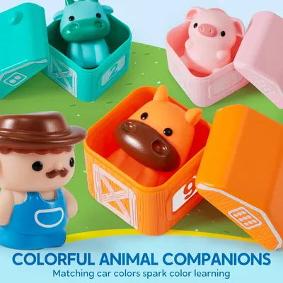 Communicates that the toy set includes colorful animal companions that match the car colors, helping children learn colors through play.