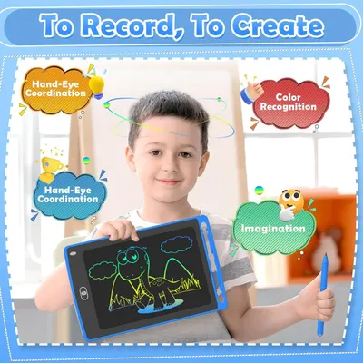 Communicates multiple developmental benefits of the drawing tablet for children, showing how it helps build coordination, color recognition, and creative imagination skills.