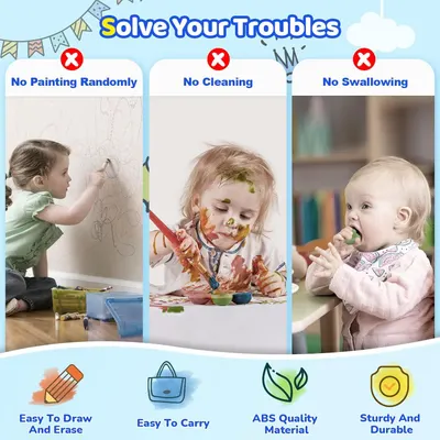 Communicates multiple benefits of the product by showing problems it solves (no painting randomly, no cleaning, no swallowing) and highlighting four key features (easy to draw/erase, portable,…