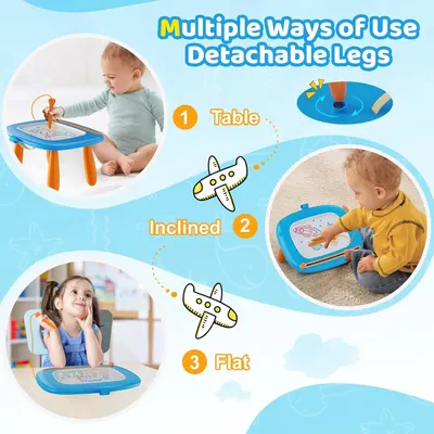 Demonstrates the product's versatility by showing three different ways to use the drawing table (as a standing table, inclined, or flat), reassuring parents that it adapts to different play…