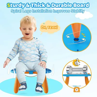 Highlights the product's structural components—the spiral leg installation system and the durable board—to reassure parents that the chair is stable and well-built for child safety. Communicates…
