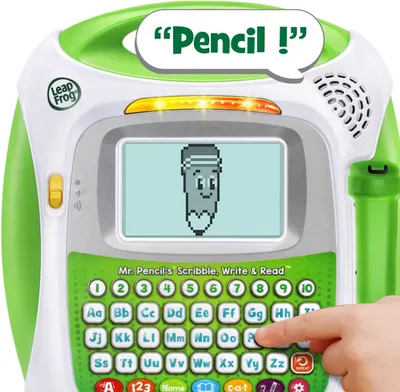 Demonstrates the product's interactive voice feature that speaks to children, making learning engaging and fun. The speech bubble 'Pencil!' shows how the toy provides audio feedback to reinforce…