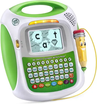 Provides a clean, catalog-style view of the LeapFrog educational toy showing the product's design, screen, keyboard, and attached stylus for shoppers to see the complete product.