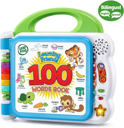 Provides a clean, catalog-style view of the LeapFrog Learning Friends 100 Words Book toy, showing the product's design, handle, interactive buttons, and bilingual features clearly without…