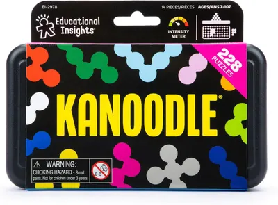Shows the complete contents of the Kanoodle puzzle set, including the storage case and all puzzle pieces, to help shoppers understand what they receive in the package.