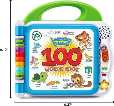 Shows the exact physical dimensions of the toy book (9.17 inches by 9.37 inches) to help shoppers understand the size and portability of the product.