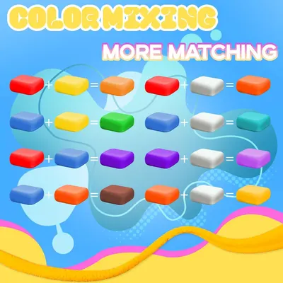 Demonstrates how to play a color-mixing matching game by showing visual equations where combining two colors creates a third color, teaching shoppers the product's gameplay mechanics.