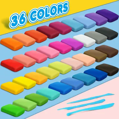 Shows the complete set of 36 different colored clay/modeling compound pieces and sculpting tools included in the package, helping shoppers understand the variety and completeness of the kit.