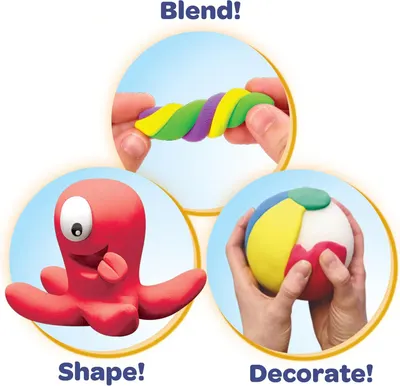 Demonstrates the three-step process for using the product: blending colors together, shaping into forms, and decorating creations, showing shoppers how versatile and easy the product is to use.