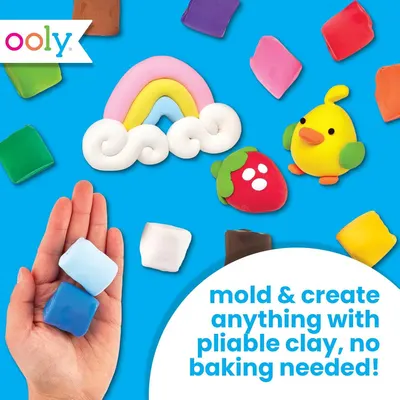 Communicates the key benefit that this pliable clay can be molded into any shape without requiring baking, emphasizing ease of use and creative flexibility for kids and crafters.