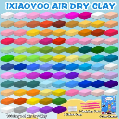 Shows the complete contents of the kit, including 100 bags of air dry clay in various colors, sculpting tools, storage bag, and manual, to help shoppers understand the full value and variety they…