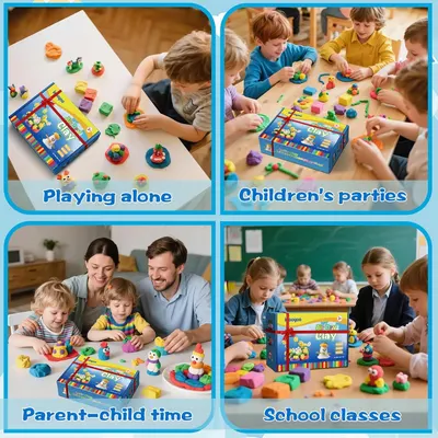Demonstrates the versatility of the clay product by showing it can be used in four different contexts: individual play, children's parties, parent-child bonding, and school classroom settings.