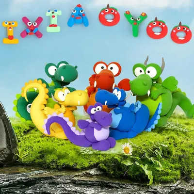 Demonstrates the product's versatility for creative play and learning by showing multiple colorful clay/modeling characters that can be created, appealing to parents looking for educational and…