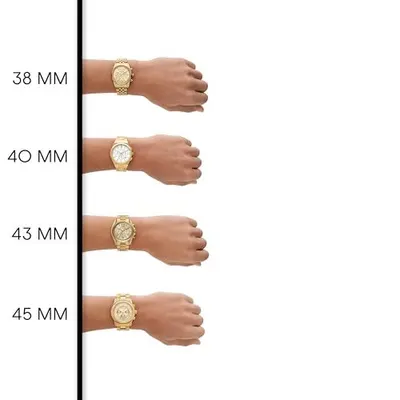 Helps shoppers visualize how different watch case sizes (38mm, 40mm, 43mm, 45mm) will look on their wrist to choose the best fit for their preference.