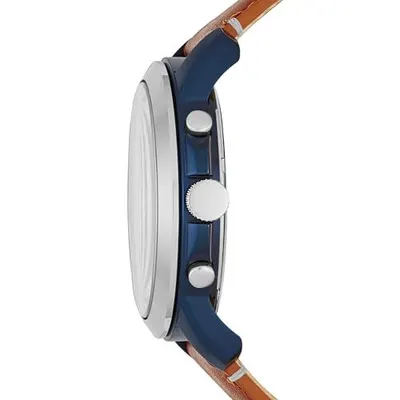 Displays the watch from a side angle to show the case thickness, crown, pushers, and strap attachment, helping shoppers understand the product's physical design and build quality.