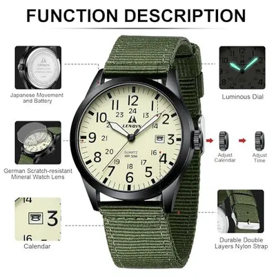 This image breaks down the watch's physical components and features with labeled callouts and arrows, helping shoppers understand the construction quality and functional parts of the product.