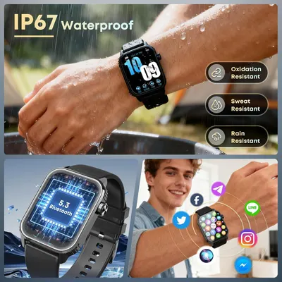 Communicates multiple key benefits of the smartwatch including water resistance, durability features, and connectivity capabilities to reassure shoppers of its versatility and reliability.