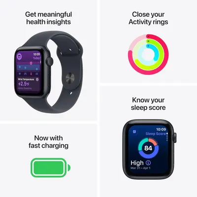 Showcases multiple key features of the smartwatch including health tracking capabilities, activity ring monitoring, sleep score analysis, and fast charging to demonstrate the product's comprehensive…