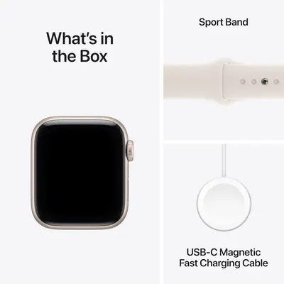 Shows the customer everything included in the box: the smartwatch, a sport band, and a USB-C magnetic fast charging cable, helping set clear expectations for what they will receive.