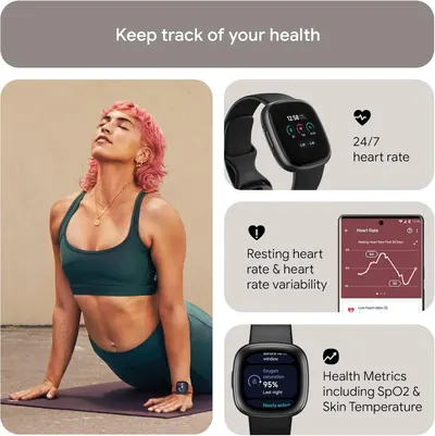 Showcases multiple distinct health tracking features of the smartwatch in a segmented layout, demonstrating comprehensive health monitoring capabilities to reassure shoppers of the product's…