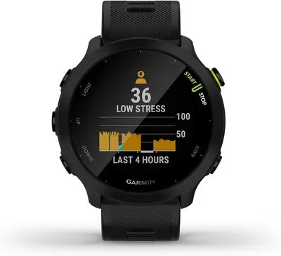 Demonstrates the smartwatch's stress tracking capability, showing real-time stress level monitoring with a clear visual graph to reassure shoppers about health and wellness features.