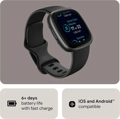Communicates two key product benefits in a segmented layout: long battery life with fast charging capability and cross-platform compatibility to reassure shoppers about convenience and versatility.
