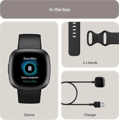 Shows the customer everything included in the purchase: the smartwatch device, two replacement bands, and a charging cable, providing clarity on what they will receive.